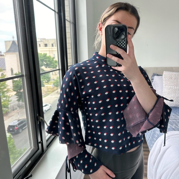 Polka Dot Cropped Tutleneck Top with Tie Sleeves - Picture 4 of 8